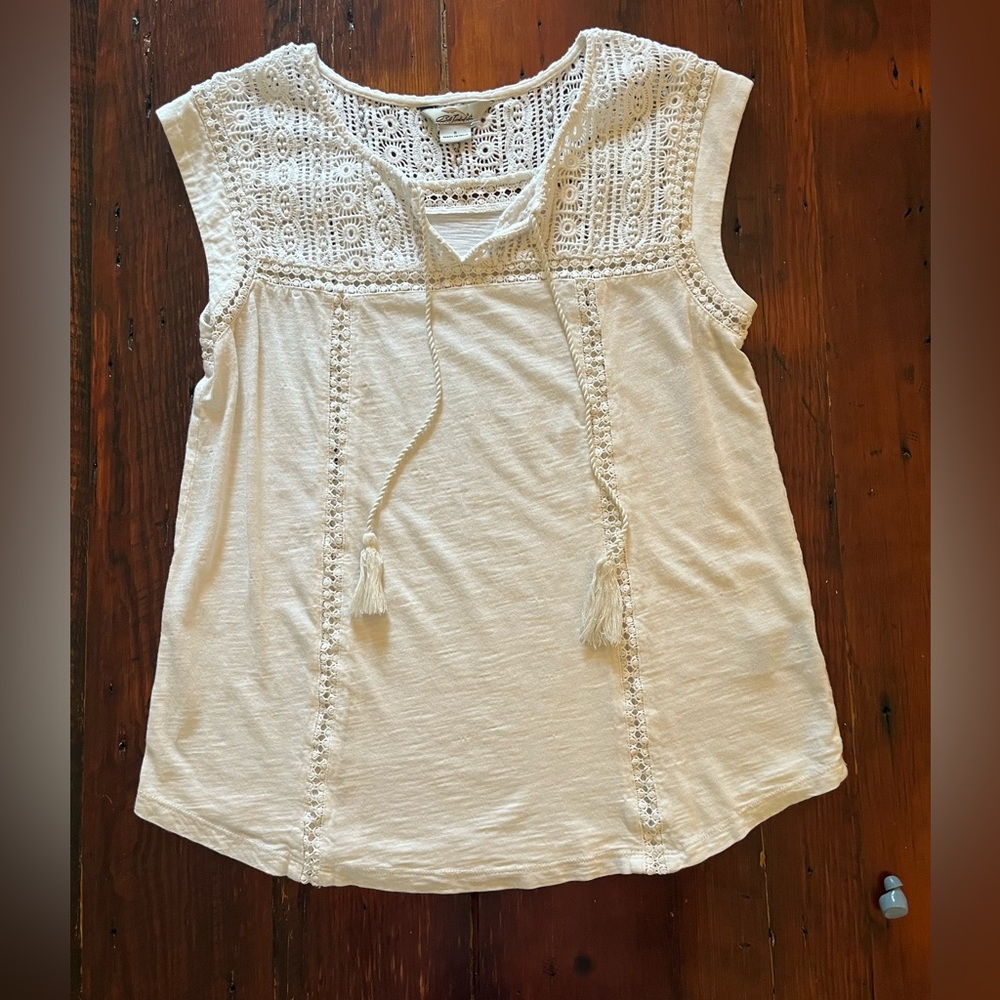 Cream Sleeveless Blouse with Tie Front and Embellished Details